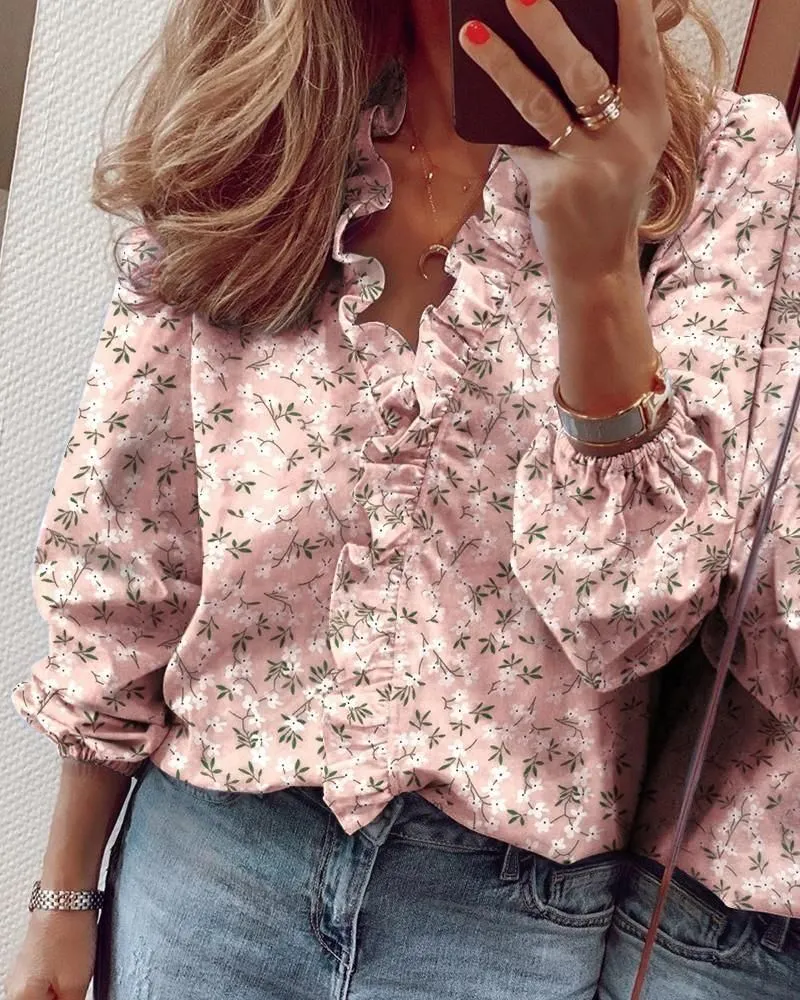 Women`s Blouses & Shirts Spring Summer Long-sleeved Ruffled Vneck Women`s Ruffle Stitching Letter Print Blouse Tops Femme Blusas Y2k