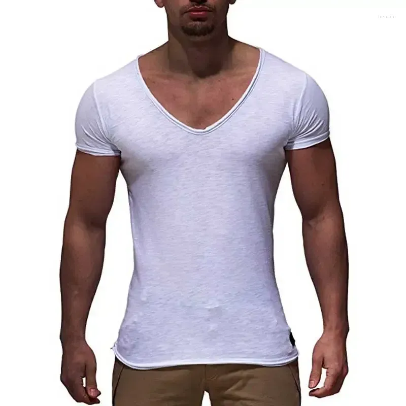 Men`s Suits A2701 Arrival Deep V Neck Short Sleeve Men T Shirt Slim Fit T-shirt Thin Top Tee Casual Summer Tshirt Camisetas Hombre