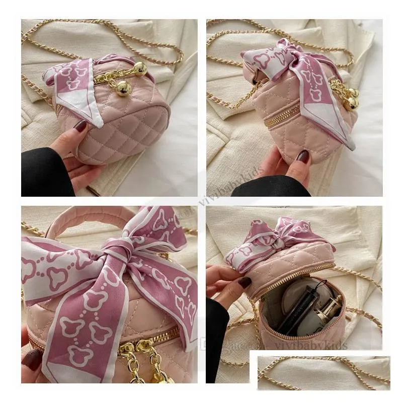 Children printed silk Bows bucket handbag girls diamond lattice quilted one shoulder bags kids metals chain messenger bags Z7433