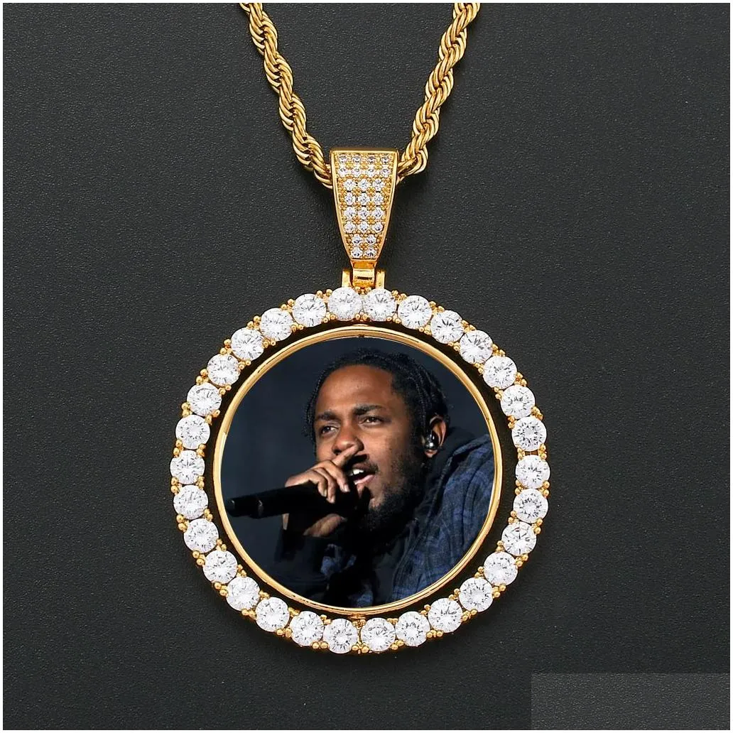 customize round photo frame pendant necklaces rotatable double-sided collection commemorative hip-hop rope chain necklace jewelry