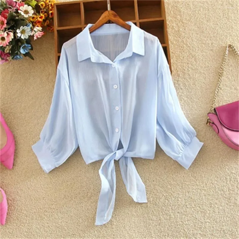 Women`s Blouses Summer Half Sleeve Buttoned Up Shirt Loose Casual Blouse Chiffon Shirts Women Tied Waist Elegant For H111