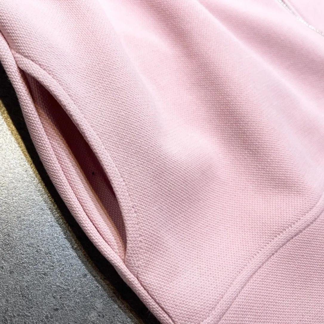 Autumn Hooded Zipper Sweatshirts Ironed Diamond Pink Solid Loose and Versatile Top