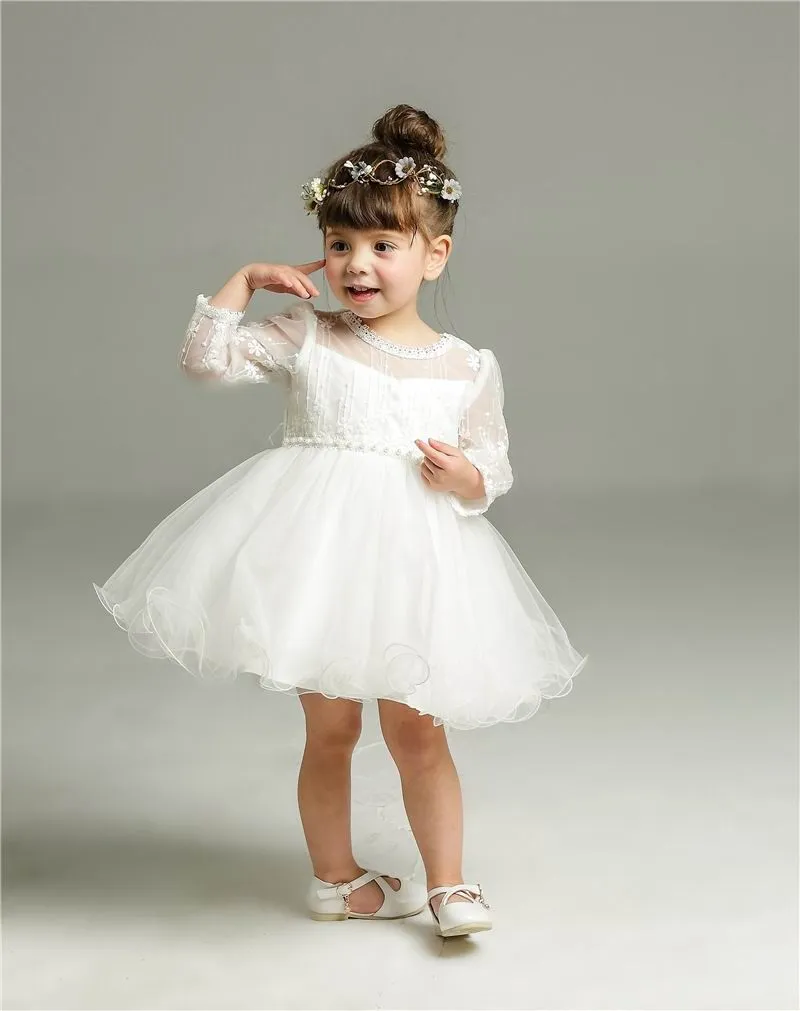 New Baby Girl Christening Gown Infant Girls Princess Lace Long Sleeve Baptism Dress Toddler Baby Clothing 8515