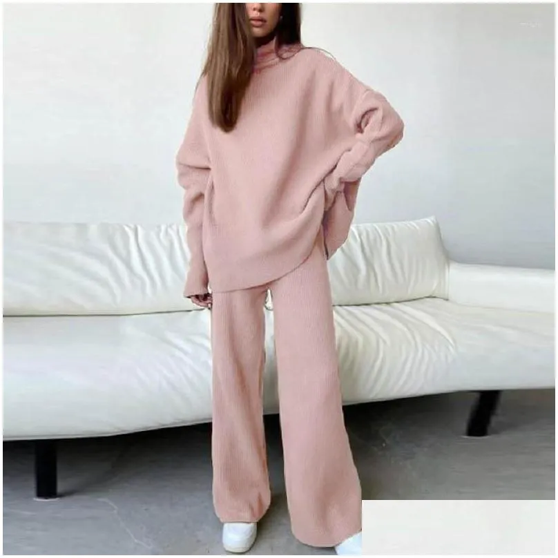 Women`s Two Piece Pants Vintage Women Turtleneck Knitted Set Autumn Winter Long Sleeve Pullover Top Wide Leg Outfits Ladies Solid Suit