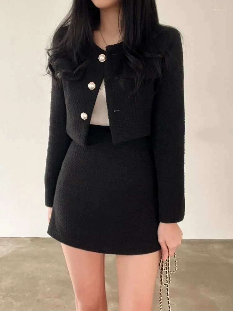 Work Dresses Autumn Winter Single Breasted Tweed Jackets Coat High Waist Mini Skirt Two Piece Woolen Outfits Elegant Luxury Office