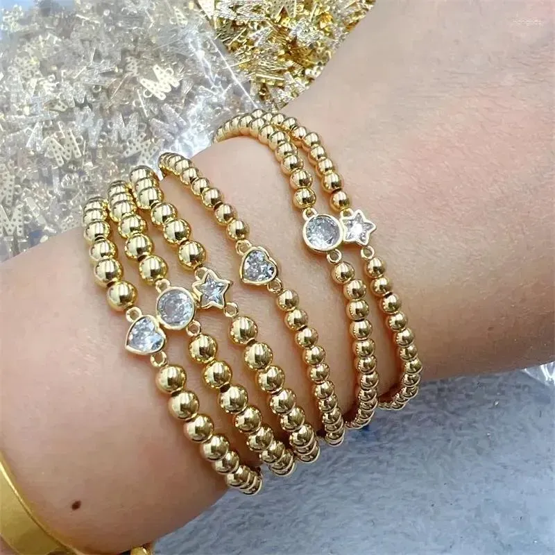 Charm Bracelets 10Pcs Trendy Gold Plated Round 5mm Bead Ball Bracelet CZ Star Heart Stretch Elastic For Women