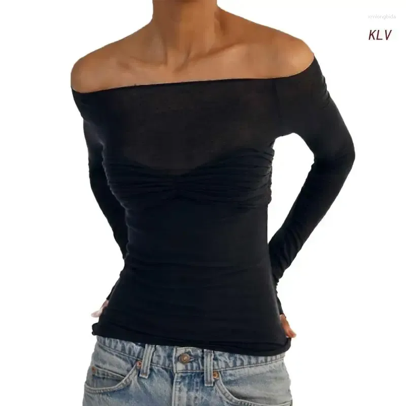 Women`s T Shirts Womens Sexy Off Shoulder Sheer Mesh Long Sleeve T-Shirts Ruched Front Solid Color See-Through Bodycon Blouses Crop