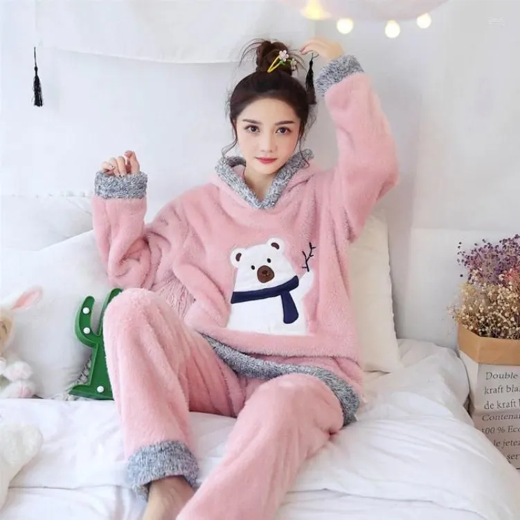 Women`s Hoodies Hooded Flannel Pajamas Suit Cartoon Ears Bear Sleepwear Girls Long Sleeve Winter Warm Nightwear Home Clothes