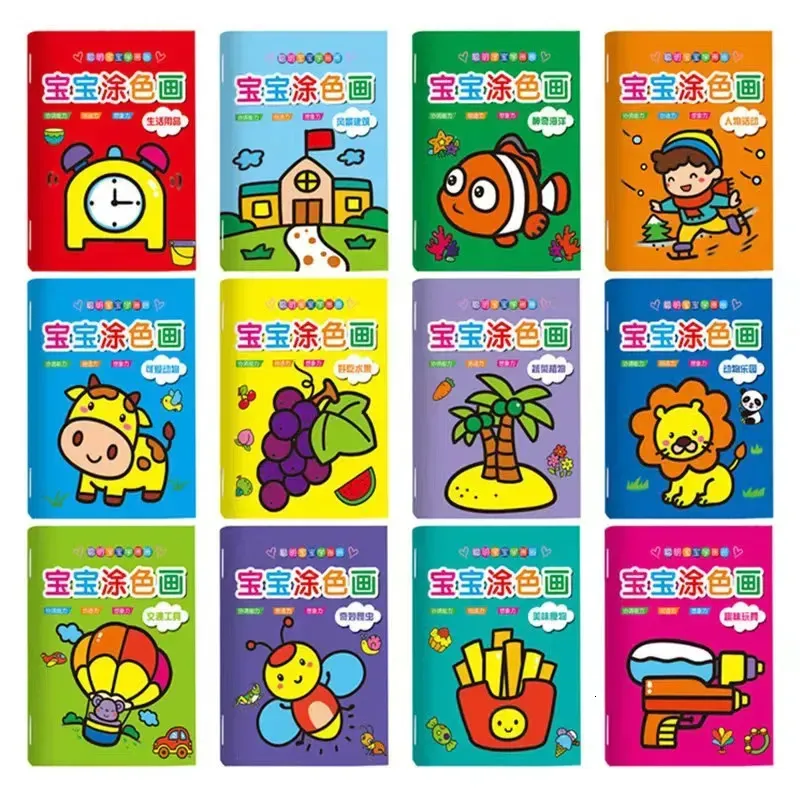 12 Books Set Kids Coloring Draw Book Car Animals Fruits Educaional Painting Notebook Toy for Children Boys Girls 2 to 6 Year 240117