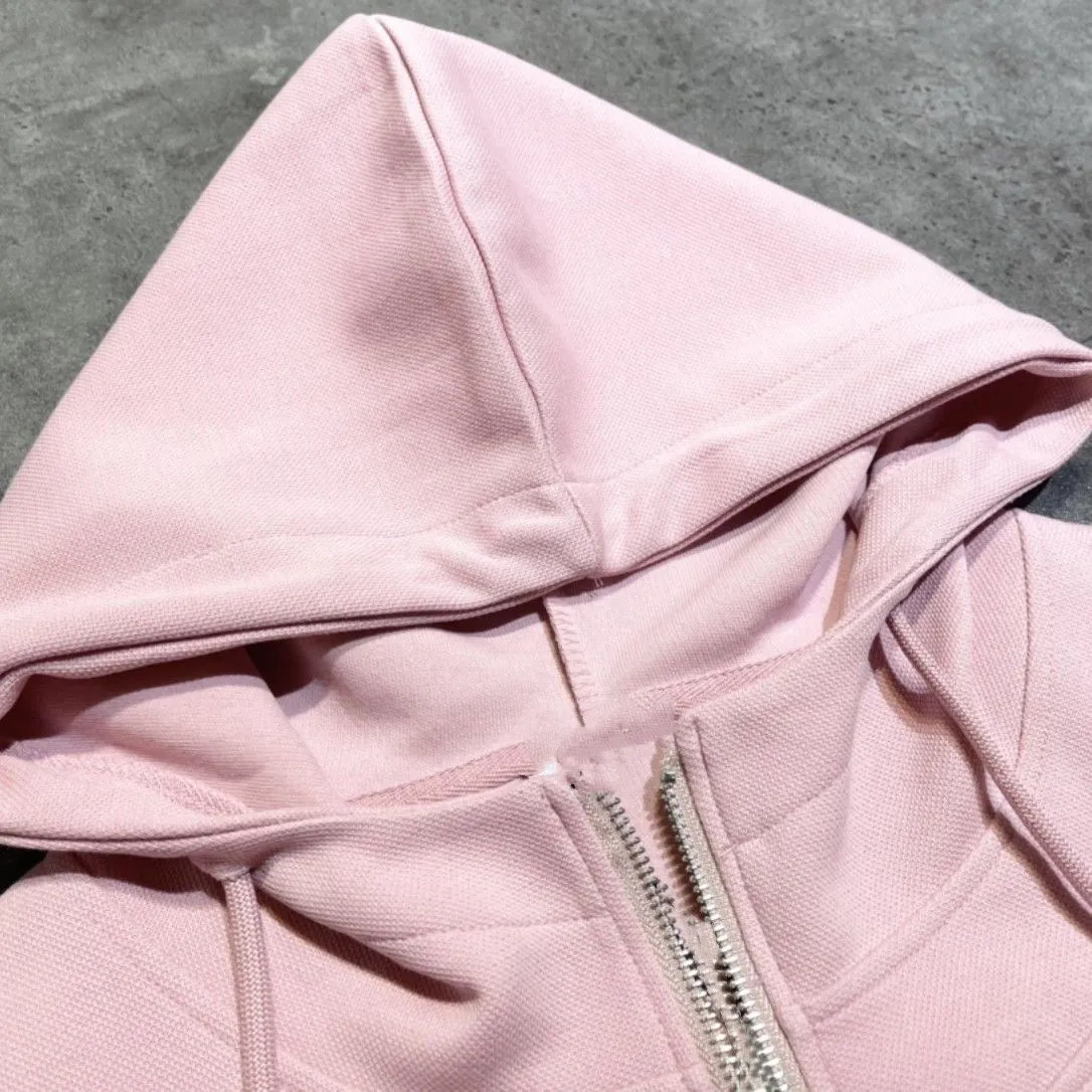 Autumn Hooded Zipper Sweatshirts Ironed Diamond Pink Solid Loose and Versatile Top