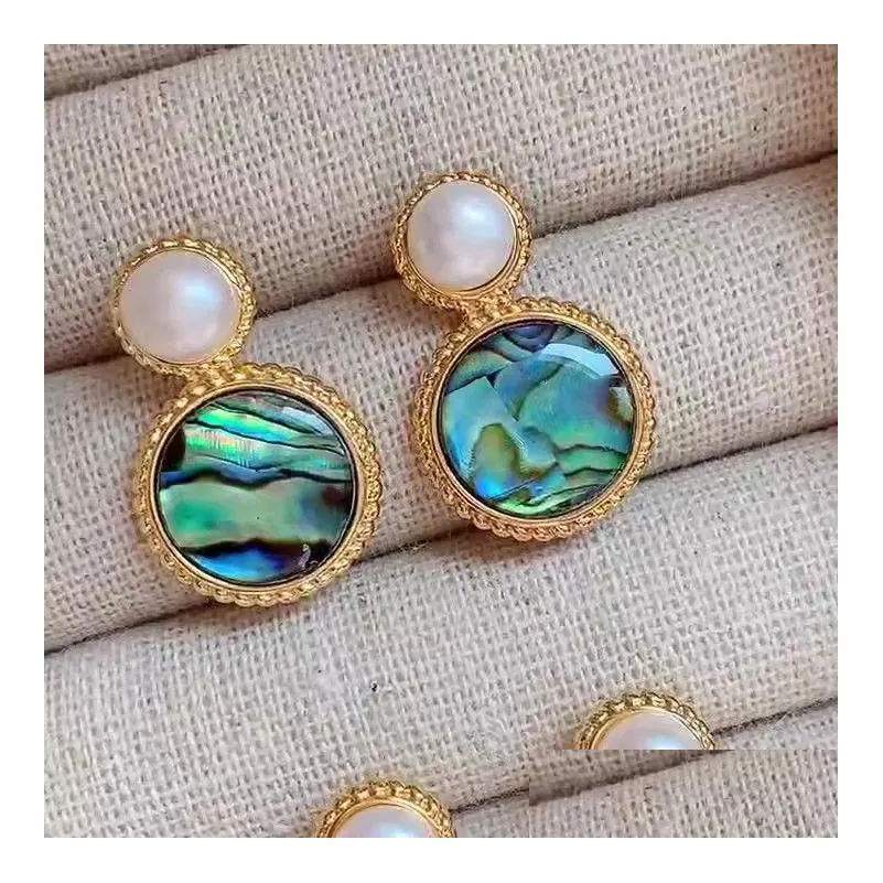 retro green oil painting colorful abalone shell stud earrings ladies luxury design natural pearl earrings jewelry gift