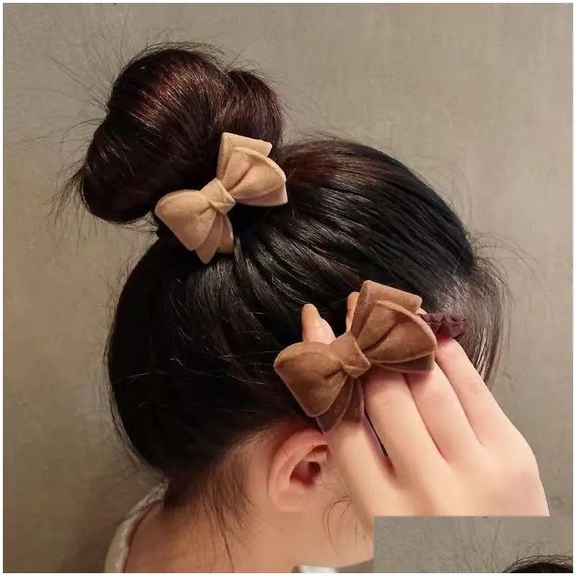 30pcs/lot hair rubber bands autumn winter korean style coffee khaki headdress plush womens bowknot hair pin female head tie jewelry