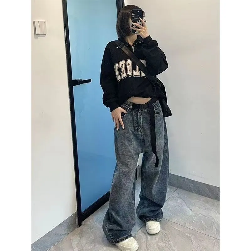 Women`s Jeans Harajuku Baggy Femme Jeans Y2K Dark Blue Brown High Waist Streetwear 90S Baggy Trousers Women Pants Straight Wide Leg Pants