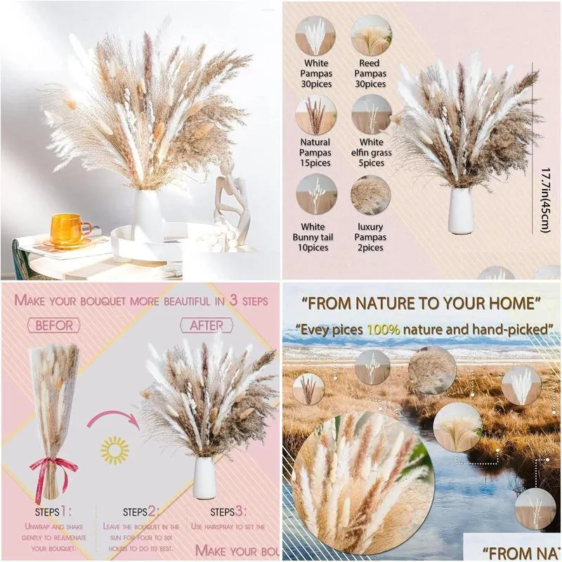 Decorative Flowers & Wreaths Dry Pampas Grass Decor 92Pcs Tall Dried Flower Bouquet Drop Delivery Home Garden Festive Party Supplies Dh9Yh