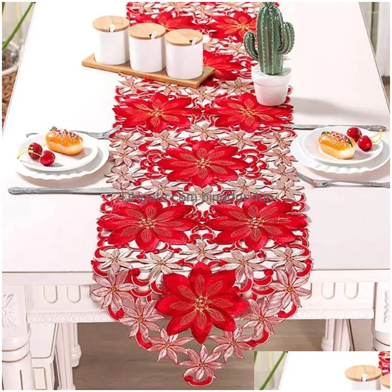 Pillow Christmas Table Runner Poinsettia Holly Leaf Embroidered Linens For Decorations 15 X 59 Inch