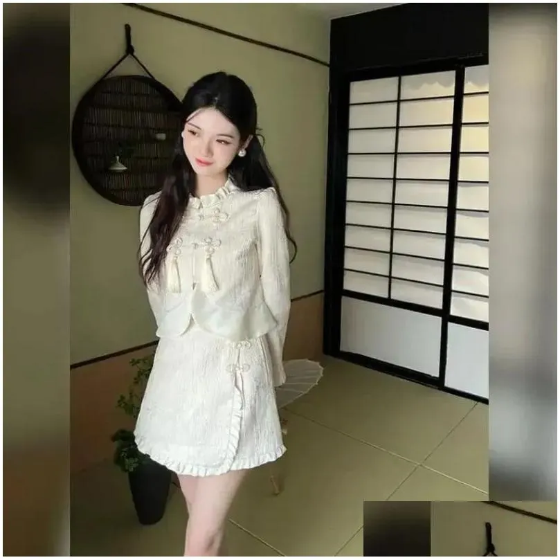 Ethnic Clothing 2024 Spring Summer Chinese Style Women Improved Hanfu Lady Elegant Long Sleeved Button Top High Waisted Skirt Cheongsam