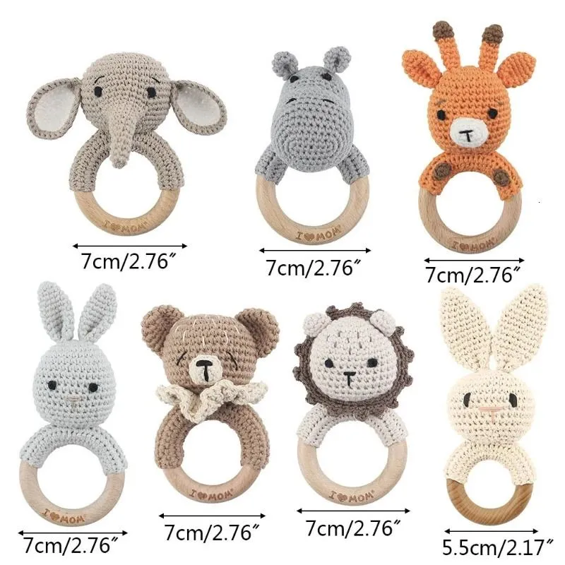 Baby Rattles DIY Crochet Cartoon  Doll Hand Bell Carved Wooden Ring Teething Toys born Molar Teether Educational Toy 240226