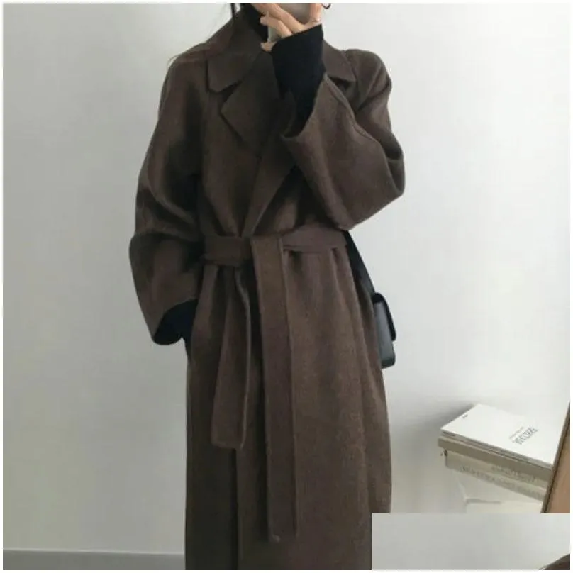 Women Elegant Wool Coat With Belt Long Sleeve Chic Outerwear Ladies Drop Shoulder Overcoat For Women Autumn Winter Coats 2023
