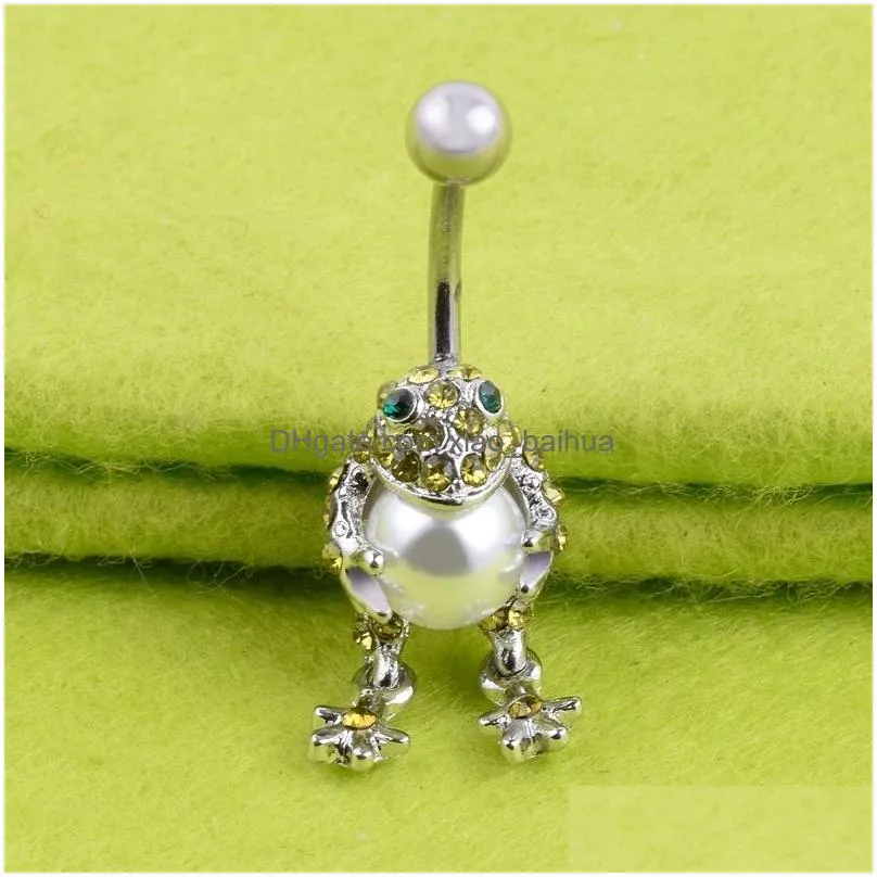 personalized pearl frog toad piercings silver barbell rhinestone navel belly button rings sexy surgical steel body piercing jewelry