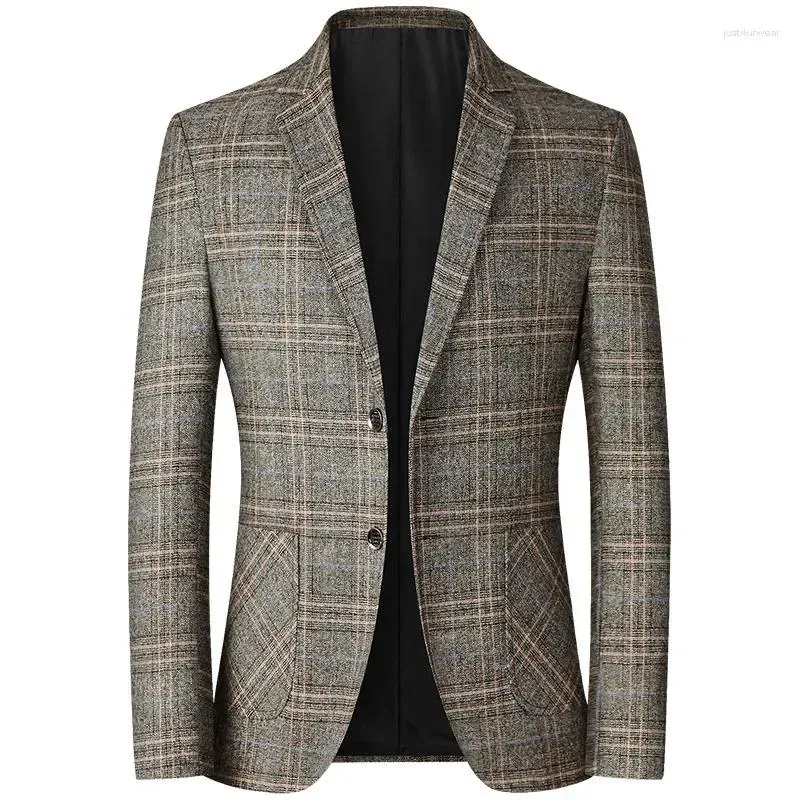 Men`s Suits Fashion Blazers Autumn Gray Yellow Plaid Business Casual Male Blazer Coats Wedding Party Slim Fit Jacket