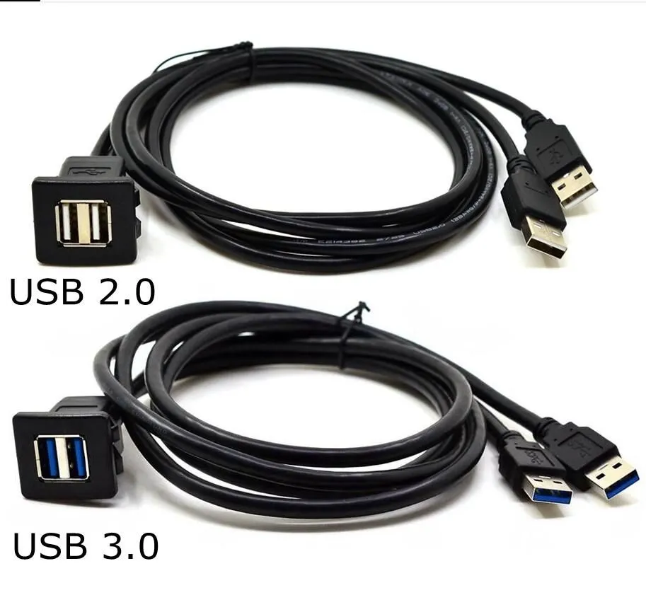 Dual USB3.0 USB2.0 A Male to Female Flush Mount Panel Dashboard Cable Shielded For Car Motorcycle 1m