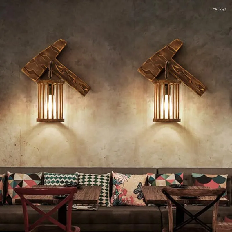 Wall Lamp American Retro Industrial Bar Restaurant Corridor Bedside Solid Wood Decorative Sconce