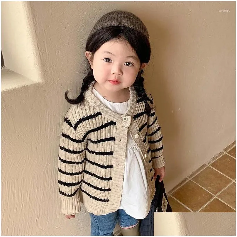 Jackets Children Clothing Kids Sweater 2024 Spring Autumn Fashionable Korean Style Striped Knitted Cardigan Single Breasted