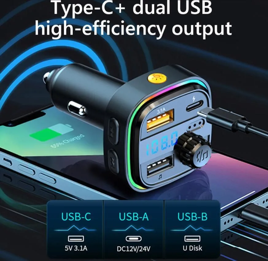 C26 C28 Car KIT FM Transmitter Bluetooth 5.0 MP3 Player Dual USB Type-C Charge U Disk Handsfree Car Radio Modulator Colorful Light