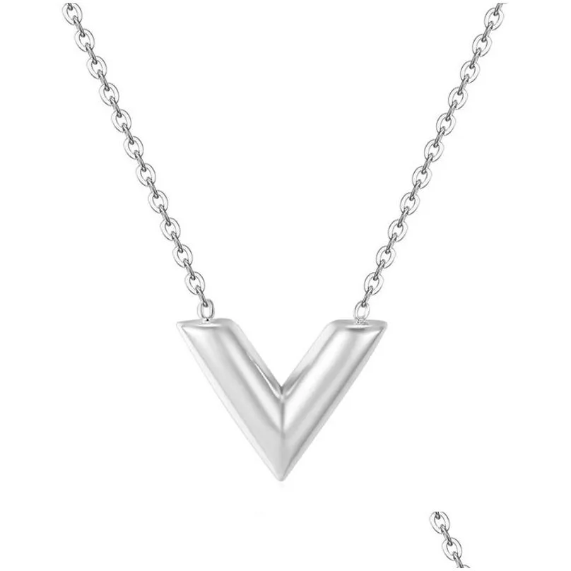 designer titanium steel v letter pendant necklace female simple rose gold chain pendants women fashion jewelry accessories