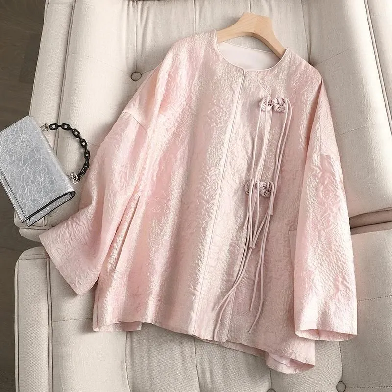 Women`s Hoodies 2024 Spring/Summer Chinese Round Neck Long Sleeved Coat Gold Embossed Loose Wrapped Button Top