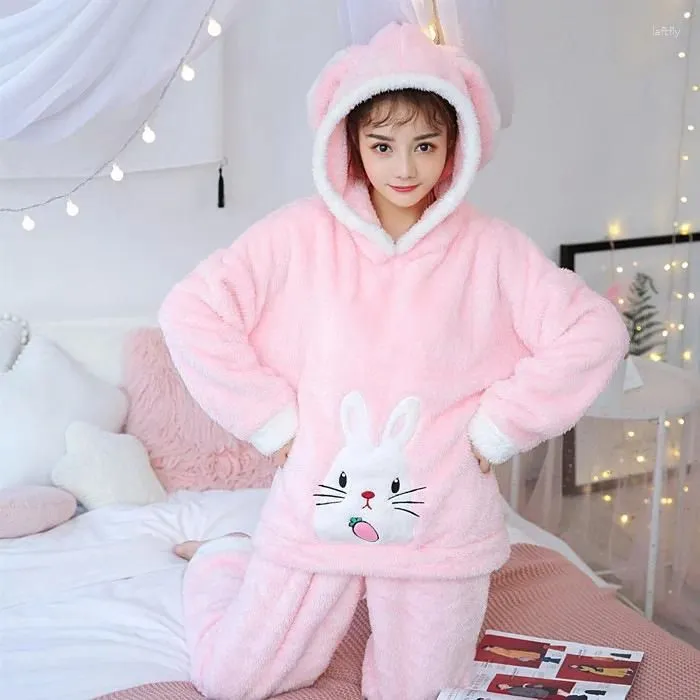 Women`s Hoodies Hooded Flannel Pajamas Suit Cartoon Ears Bear Sleepwear Girls Long Sleeve Winter Warm Nightwear Home Clothes