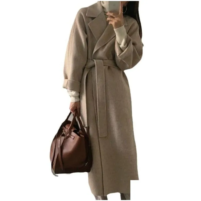 Women Elegant Wool Coat With Belt Long Sleeve Chic Outerwear Ladies Drop Shoulder Overcoat For Women Autumn Winter Coats 2023