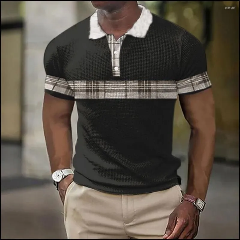 Men`s Polos Polo Shirt Fashion Stripes Printed Shirts Casual Short Sleeve Summer Mesh Blouse Clothing Oversized T
