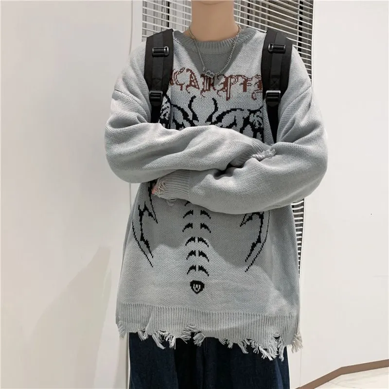 Men`s Sweaters Y2k Gothic Clothes Skeleton Mens Streetwear Harajuku Style Fashion Emo Sweater Cable Knit Sweater Men`s Pullover Fall Sweater