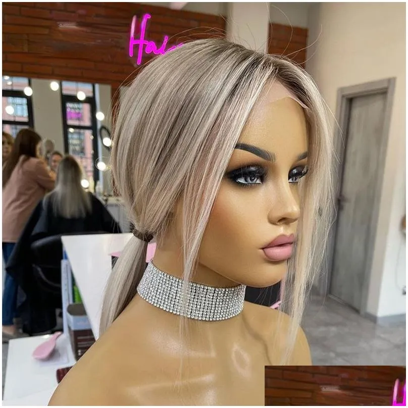 Ash Blonde Highlight Lace Front Wig Human Hair 360 Lace Frontal Wigs HD Transparent Short Straight Bob Wigs for Women Synthetic Heat