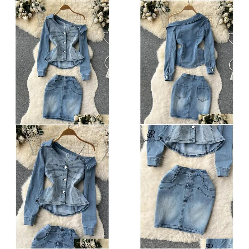 Two Piece Dress SINGREINY Off Shoulder Retro Women Denim Sets Ruffled Irregular Slim TopsShort Skirts Fashion Y2K Spring Two Pieces Suits