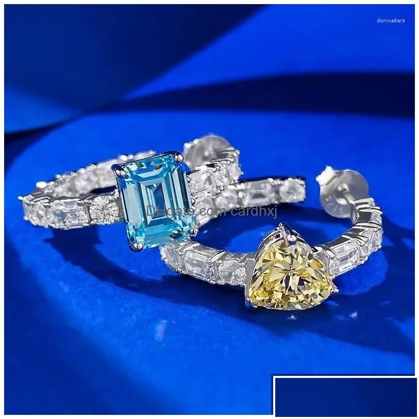Stud Earrings 925 Sier European And American Style Bright Crystal Contrast Yellow Diamond Sea Blue Love Pair Drop Delivery Jewelry Dhldi