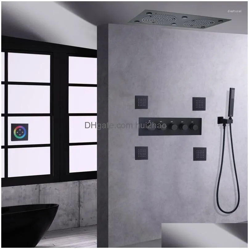 bathroom shower sets matte black colorful led head ceiling 62x32cm thermostatic rainfall system set