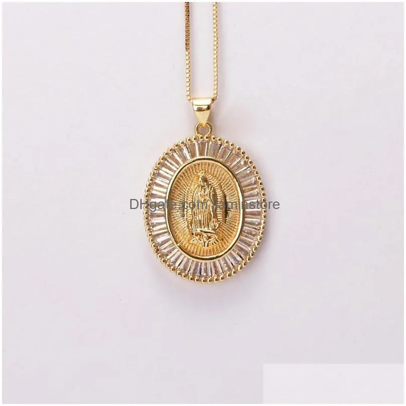 Pendant Necklaces Inches White Black Red Cz Crystal Paved Christian Religious Belief The Blessed Virgin Mary Gold Necklace