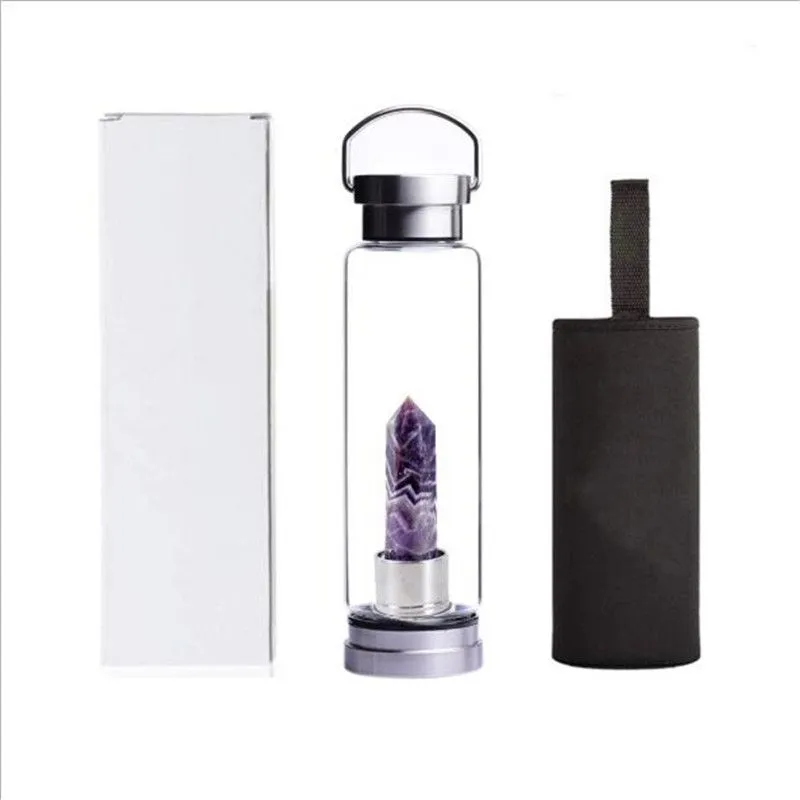 550ml Crystal Quartz Gemstone Water Bottle Infused Natural Reiki Wellness Healing Glass 304 Stainless Steel Cup