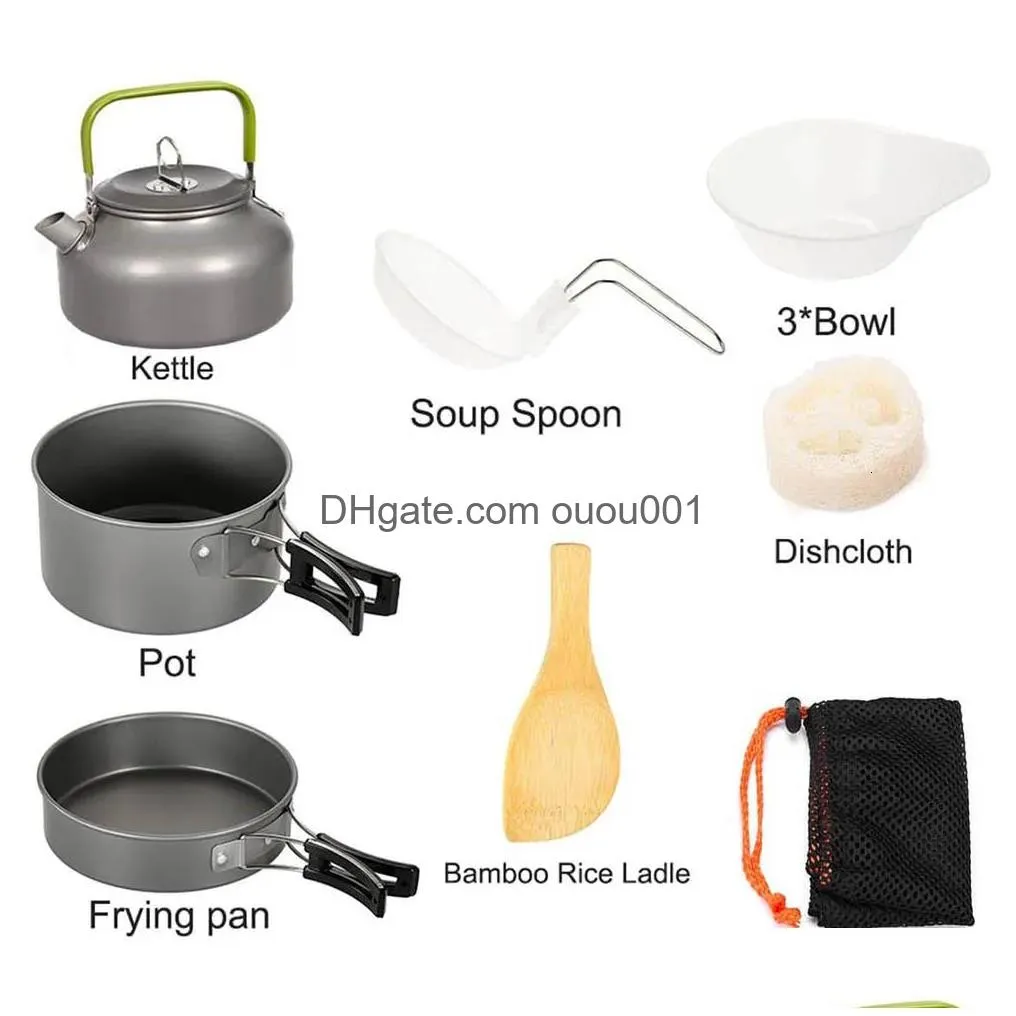 Camp Kitchen Cam Cooker Set Cookware Kit Outdoor Pot Pan Stove Kettle Cups Tableware Tourist Dishes Nature Hike Equipment 230210 Drop Dhf6U