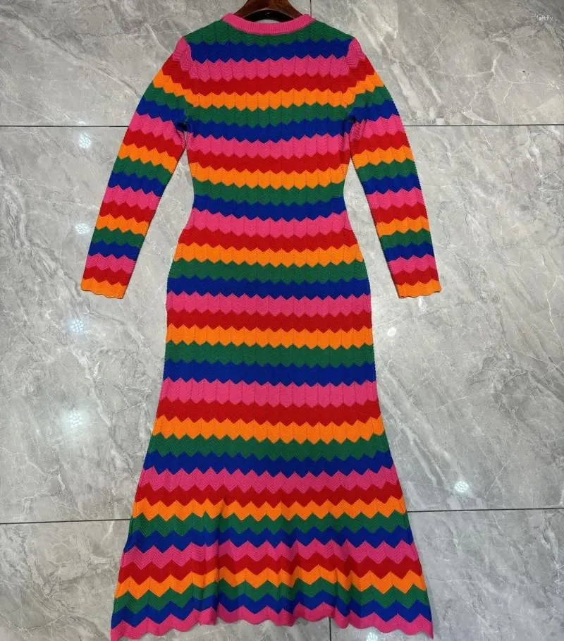 Casual Dresses Women Long Sleeve Colorful Wave Stripes Knitted Wool Blended Mermaid Dress