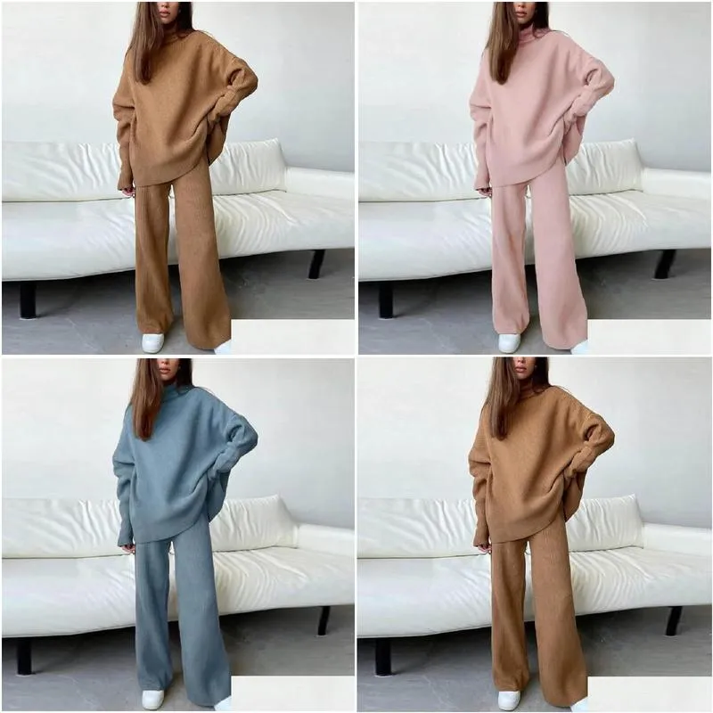 Women`s Two Piece Pants Vintage Women Turtleneck Knitted Set Autumn Winter Long Sleeve Pullover Top Wide Leg Outfits Ladies Solid Suit