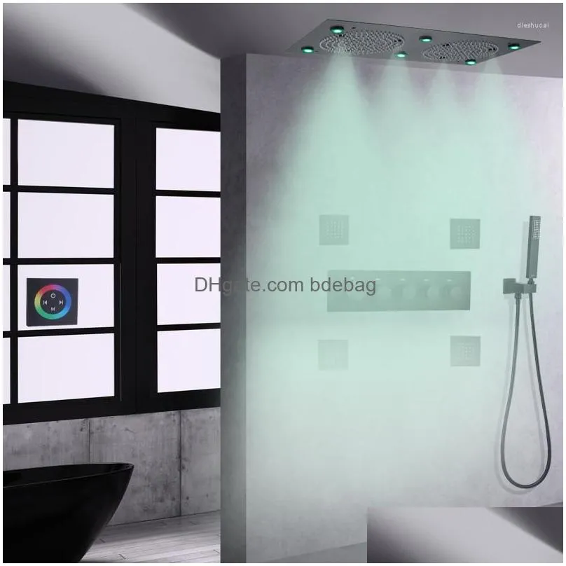 bathroom shower sets matte black colorful led head ceiling 62x32cm thermostatic rainfall system set