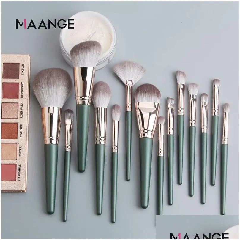 MAANGE 14pcs Makeup Brushes Set Green Large Loose Powder High Gloss Eyeshadow Foundation Contour Synthetic Hair Cosmetic Tools 220519