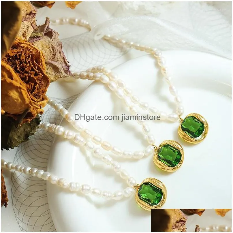 Pendant Necklaces Green Zircon Crystal Charm Natural Freshwater Pearl Necklace Irregular Rice Baroque Strand Choker Wedding Jewelry