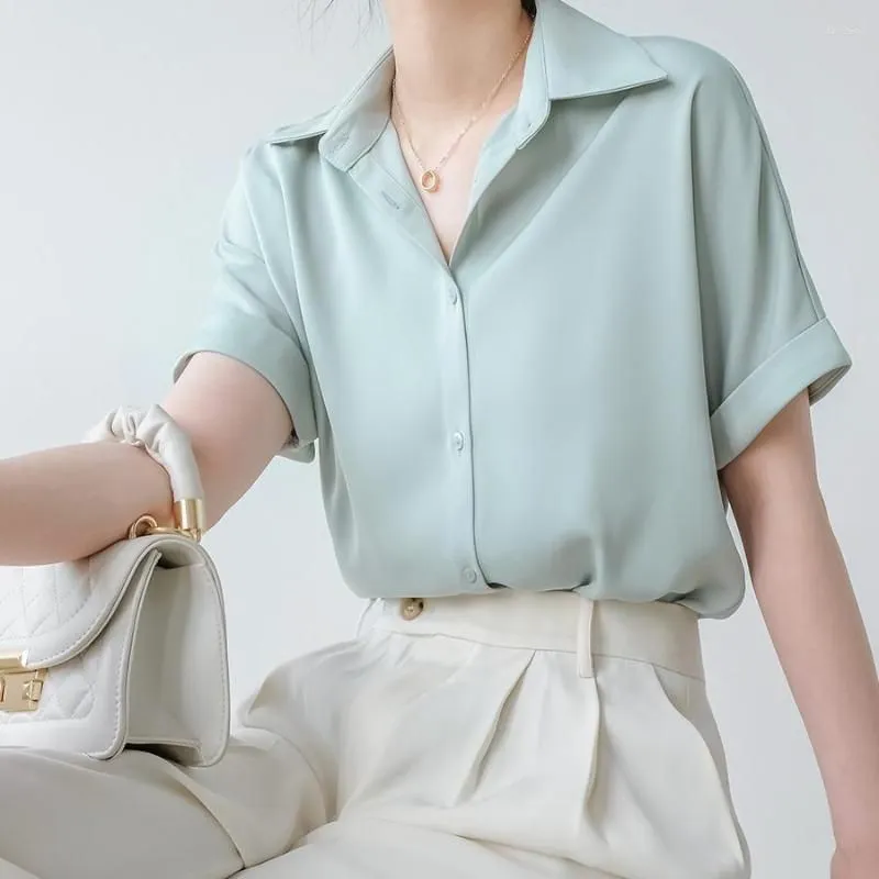 Women`s Blouses Summer Thin Satin Draped Short Sleeve Button Up Chiffon Shirt For Women Japanese Style Loose Pink Green Cute Sweet Top