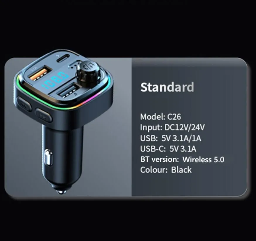 C26 C28 Car KIT FM Transmitter Bluetooth 5.0 MP3 Player Dual USB Type-C Charge U Disk Handsfree Car Radio Modulator Colorful Light