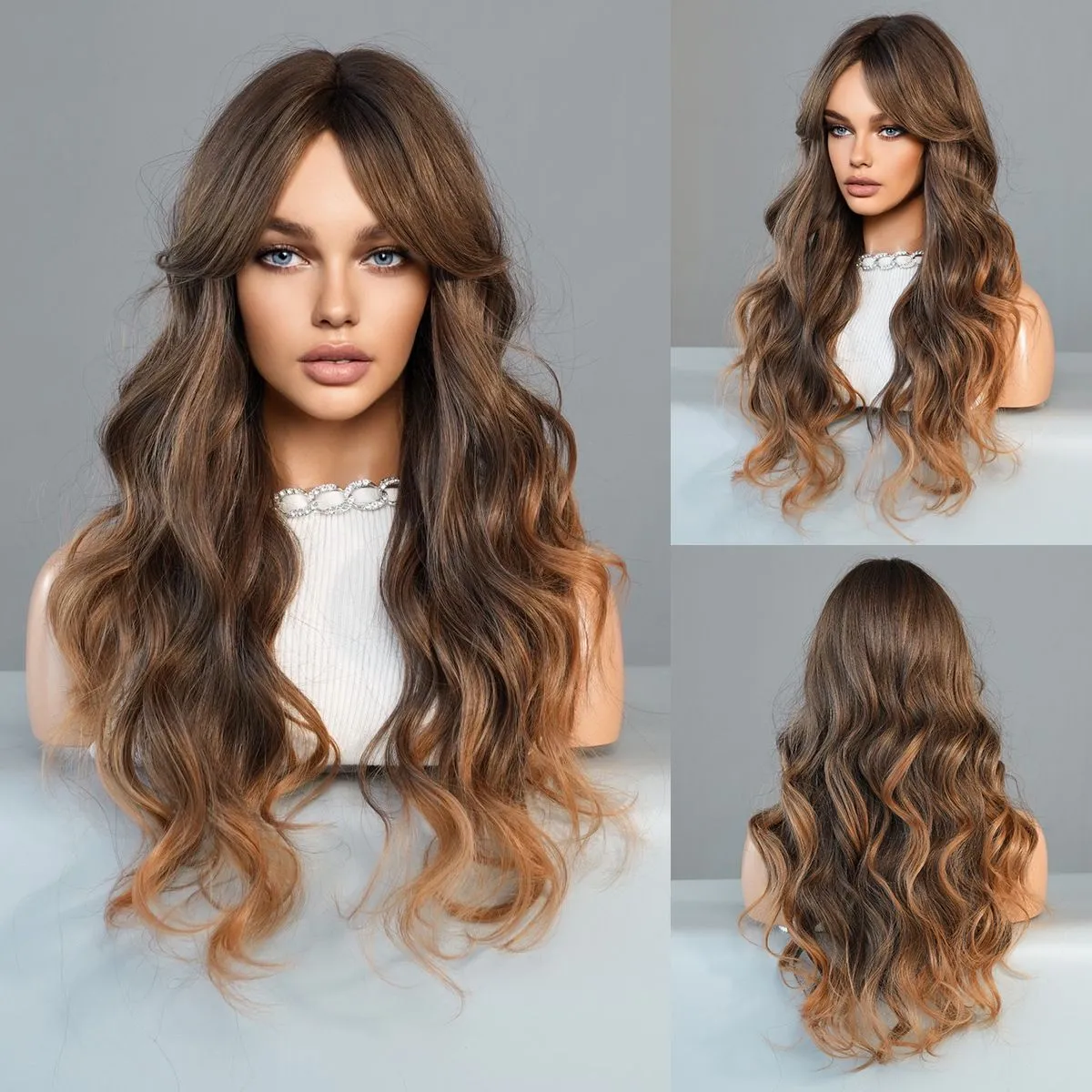 New eight-figure fringe wig Warm brown gradient wave chemical fiber wigs for women wholesale fast ship Ombre Brown