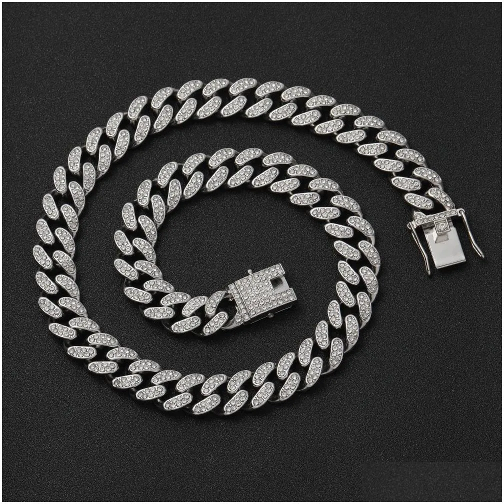 european american 12mm hip-hop full diamond cuban chains necklace bracelets set mens rap rope choker alloy bracelet jewelry